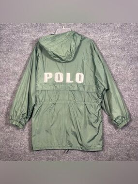 Vintage Polo Sport Womens Large Logo Green Hooded Windbreaker Raincoat 90s Y2K